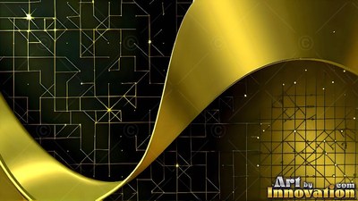 A smooth gold ribbon curves across dark circuit lines with tiny lights