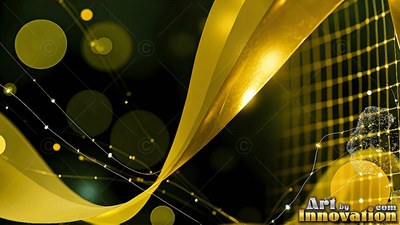 Against a dark background, a yellow ribbon curves by a grid mesh