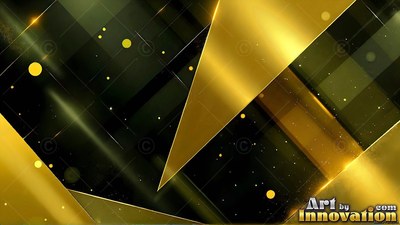 Slanting across the dark space, sharp golden geometric planes overlap with yellow dots