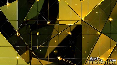 Bright golden geometric planes meet sharp black lines across a dark space with small stars