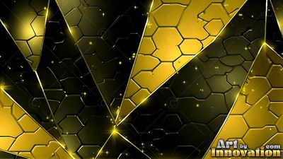 Pointed geometric shards overlap across the dark background with bright yellow highlights
