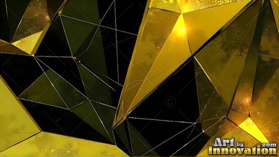 Tilted sharply in dim space, folded gold crystal shapes catch bright light