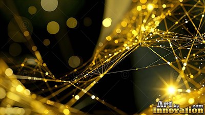 Gold lines connect like a web over a dark background with bright yellow spots
