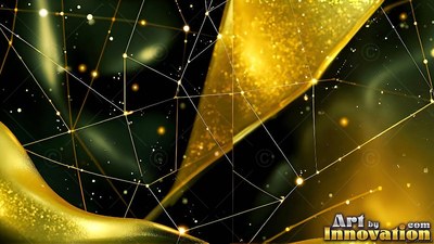 Gold ribbons and connected white dots on dark green