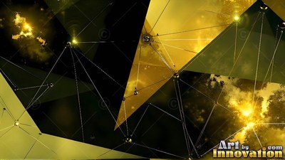 Thin metallic wires connect shiny beads over dark gold geometric facets