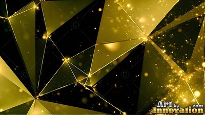 Gold geometric triangles connect across dim space with shining yellow light points
