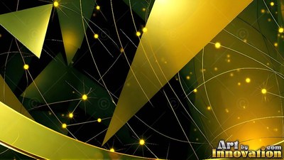 Bright yellow triangles and curved lines with small light dots over black