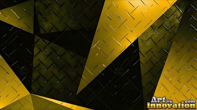 Tread-plate texture covers folded gold and black metal planes in shadow