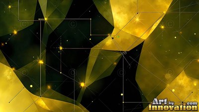 Golden geometric planes connect with thin lines across deep black shadows