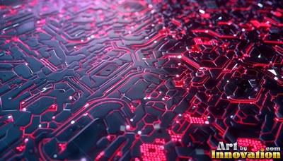 Across a dark circuit board, red lit pathways run between black tiles