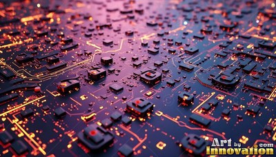 Shining with orange light, a dark circuit board spreads into purple shadows