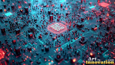 Circuit board with a red center processor and tiny black blocks