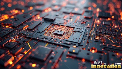 Bright orange illumination shines along a shadowed circuit board with raised microchips