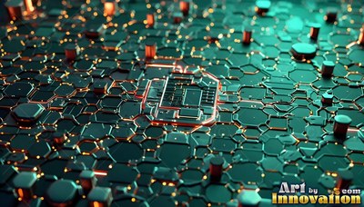 A circuit board connects small green hexagonal plates with lines of warm orange beam