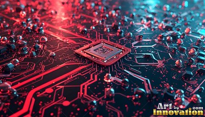 Tilted flat on a deep gray circuit board, a microchip rests under red and blue light
