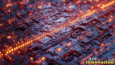 A dimly lit circuit board with lines of bright orange lights running across it