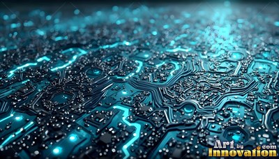 Over a shadowed surface, a circuit board shines with bright blue paths