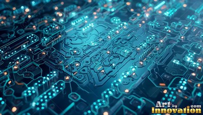 Shining with blue lights, a dark circuit board carries tiny gold connections