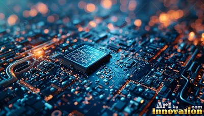Computer chip on a dark blue circuit board with warm orange shine