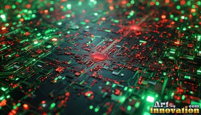 Red hexagonal microchip center on a deep gray circuit board lit with green lights