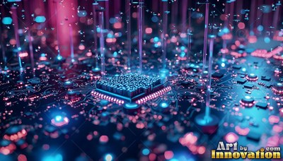 A microchip sits on a circuit board while pink and blue light beams rise upward