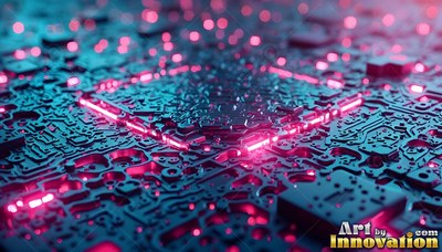 Tilted close-up of a shadowed illuminated circuit board with pink and blue lights