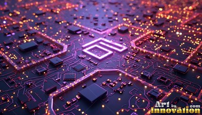 A dimly lit illuminated circuit board with bright purple lines and tiny orange lights