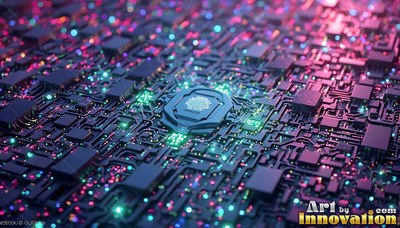 Across a shadowed circuit board, a central processor sits among pink and green lights