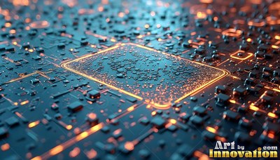 Resting on a dark blue circuit board, a square chip shines with warm orange brightness