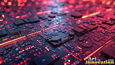 Black circuit board brightened with tiny red and orange lights