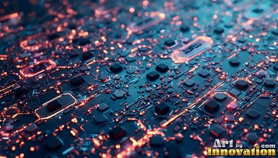 Raised copper paths run along a dark blue circuit board touched by light with tiny orange lights