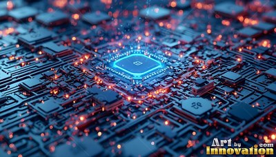 A square microchip sits on a dimly lit circuit board shining with blue light and orange sparks