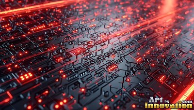 Seen at an angle over a dark circuit board brightened with red tracks