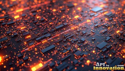 A black circuit board shines with bright orange lights and tiny chips