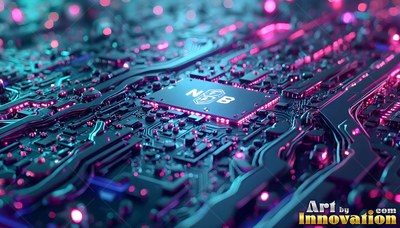 On a dimly lit circuit board, a computer chip sits under pink and cyan light