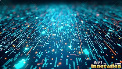 Flowing across dark space, blue and orange circuit board paths rec ede into the blur