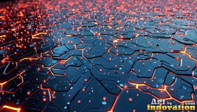 A deep gray circuit board with bright orange light lines