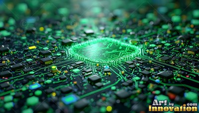 Vivid green lines pattern a square computer processor resting on a dark circuit board