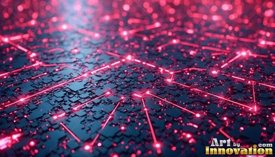 Seen from a low angle, bright pink lines cross dark blue circuit blocks