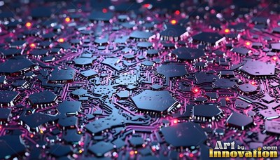 Hexagonal computer chips on a dark circuit board lit with purple and red lights