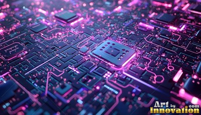 On a deep gray circuit board, square microchips shine under pink light