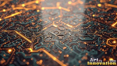 Spreading across dark metal, a circuit board shines with gold lines