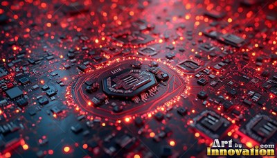 A deep gray circuit board highlighted up with red dots and traces