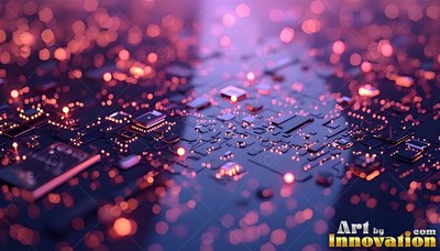 Flat microchips sit on a dark circuit board covered in small blurred orange lights