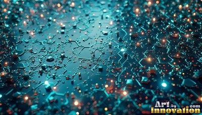 A circuit board stretches outward, dotted with warm orange pinpoints of light