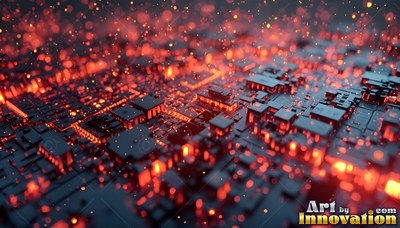 Tilted close view across an illuminated circuit board with red sparks