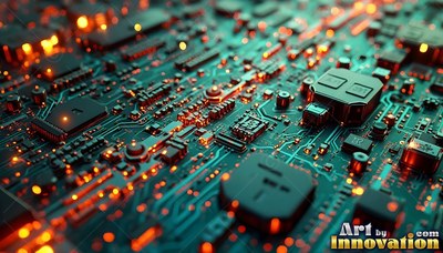 Close up of a dark green computer circuit board with bright orange lights