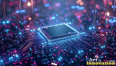 Sitting on a circuit board, a square microchip shines with blue light