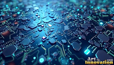 A blue circuit board with small chips and bright traces