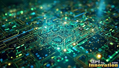 Light green and yellow tracks cross a circuit board in soft blue light